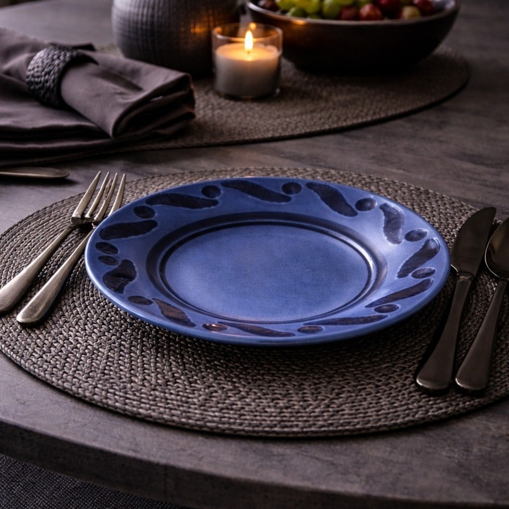 Pfaltzgraff Midnight Sun Cobalt Blue Stoneware Plates Set of 3 Abstract Rim